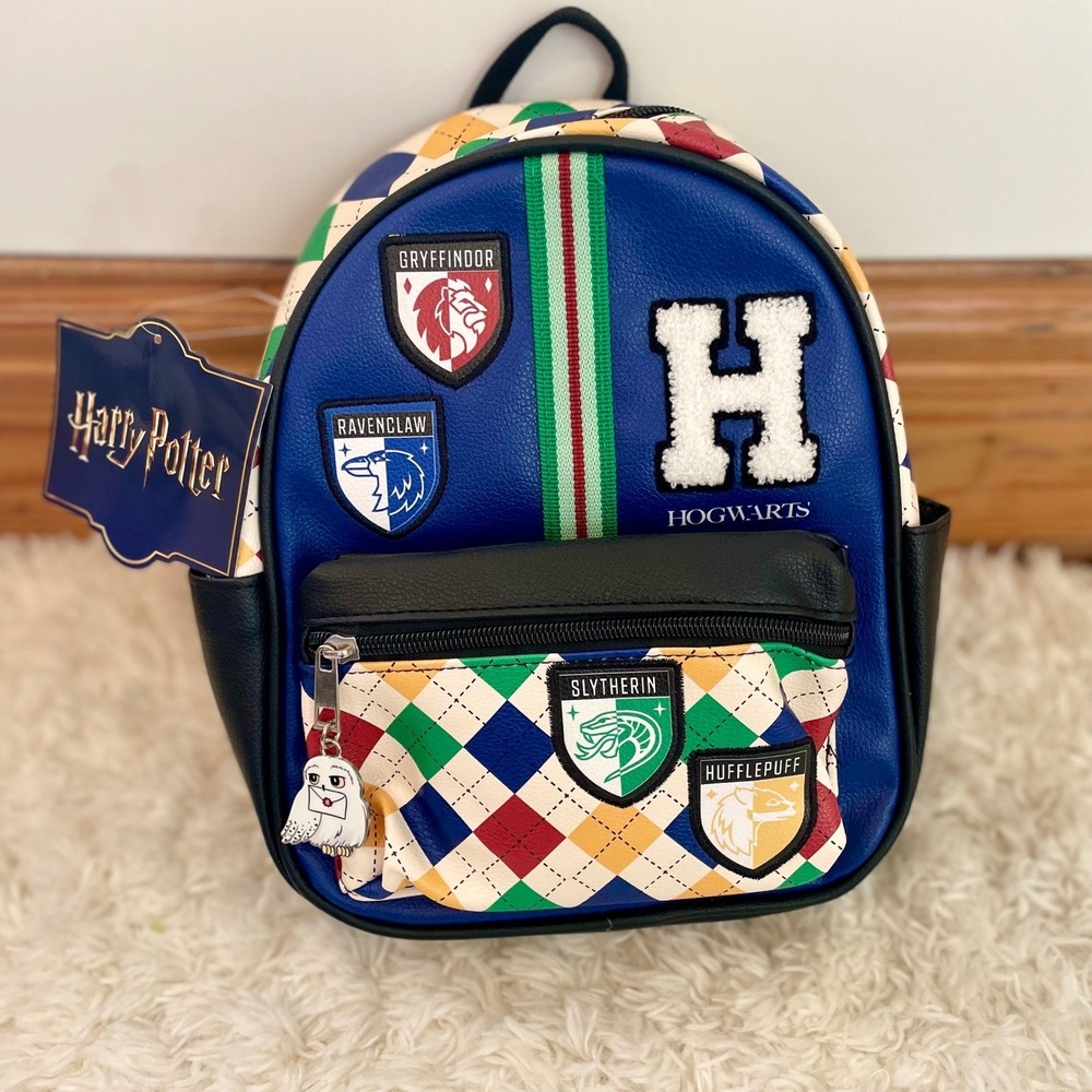 Harry Potter Hogwarts Houses Argyle Mini Backpack Blue Faux Leather Hedwig Charm
